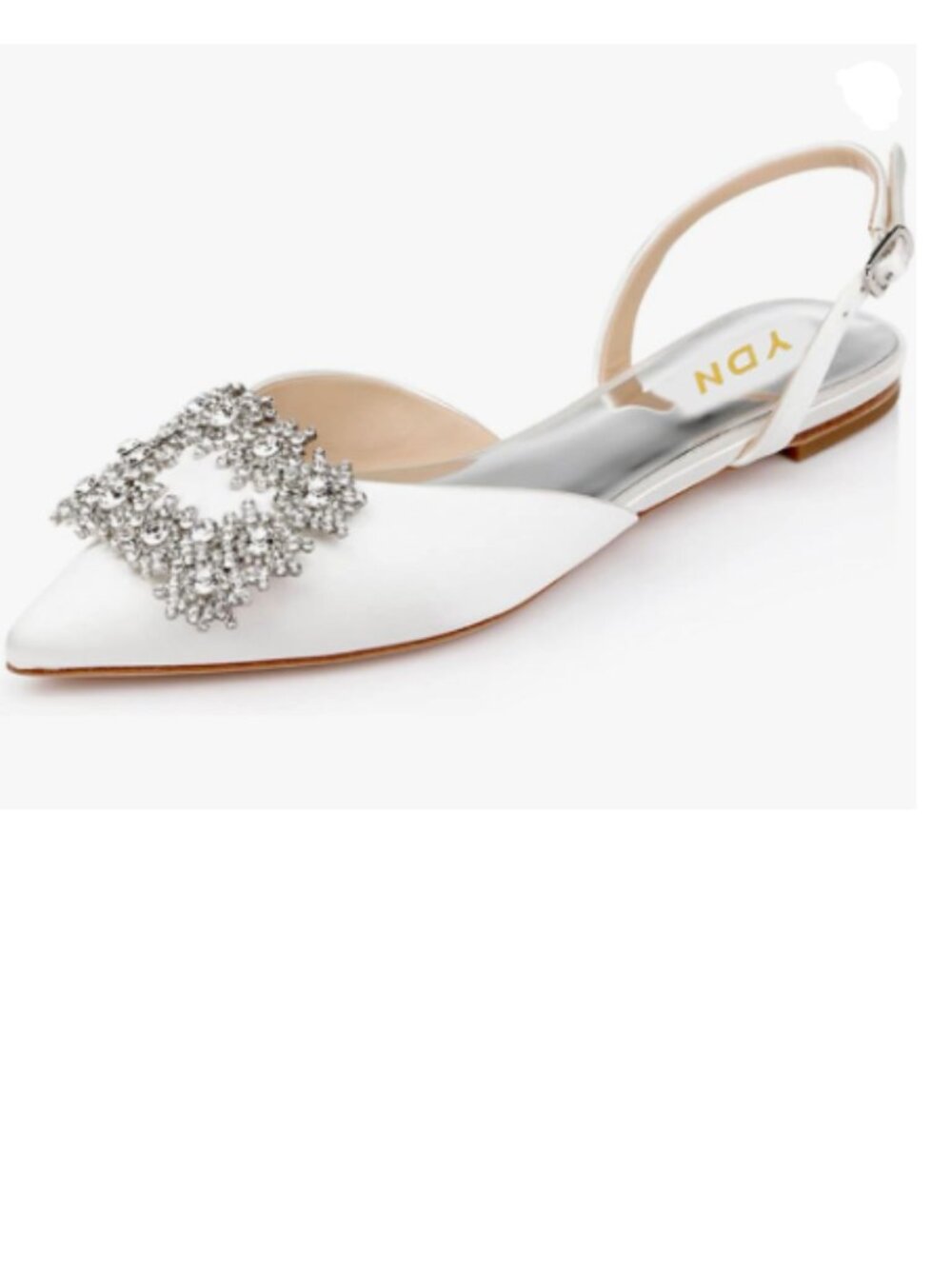 YDN White Sparking Pointed Toe Flat Pumps Rhinestone Buckle Slingback Sandals